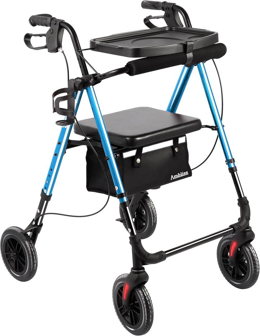 Ambliss Rollator Walker with Seat & Tray - 300 lbs Capacity, 8" All-Terrain Puncture-Proof Wheels, Detachable Front Tray for Dining, Dual Height Adjustable, Lightweight Folding Walker for Seniors