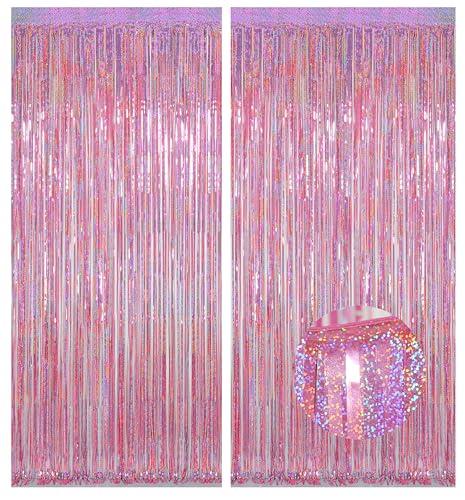Melsan Pink Tinsel Curtains Backdrop, 3.2 ft x 8.2 ft Sparkle Metallic Foil Curtains for Mothers Princess Birthday Party Photo Background Decoration, 2 Pack
