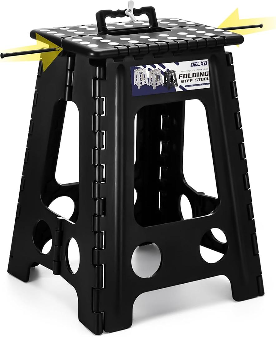 Delxo 17.5 Inch Folding Step Stool, Foldable Stool for Adults with Safety Lock, Portable Collapsible Plastic Step Stool, Non Slip Folding Stools for Kitchen Bathroom Bedroom Up to 400LBS,(Black 1PC)