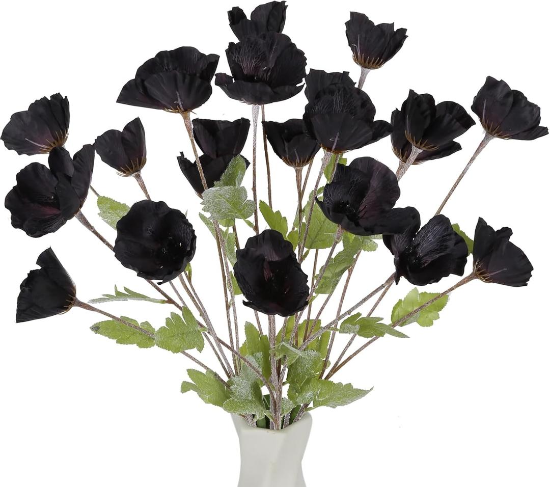 Black Poppy Flowers Artificial,6PCS Faux Poppy Flowers 27.5in Silk Poppies with Stems for Wedding Bouquet Halloween Table Centerpiece Arrangement Home Decor (Black)