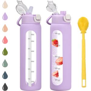 Chunmo 32 oz Glass Water Bottle with 2 Lids-Handle Spout Lid & Straw Lid, 1 Liter Motivational Borosilicate Water Bottle with Time Marker and Silicone Sleeve,Leakproof-Purple-1 Pack
