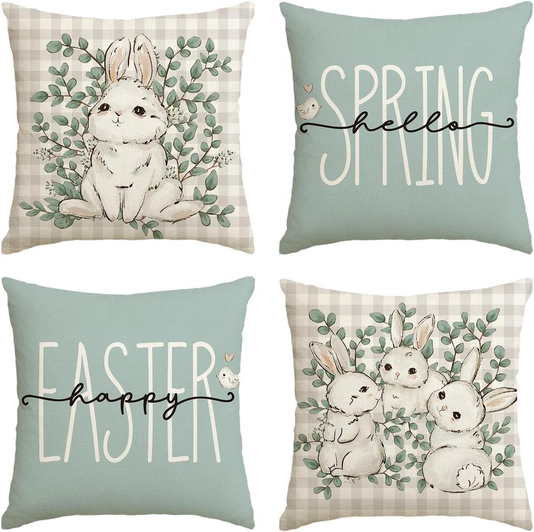 AVOIN Colorlife Happy Easter Buffalo Plaid Rabbit Throw Pillow Cover, 20 x 20 Inch Eucalyptus Leaves Hello Spring Cushion Case Decoration for Sofa Couch Set of 4 (Blue)