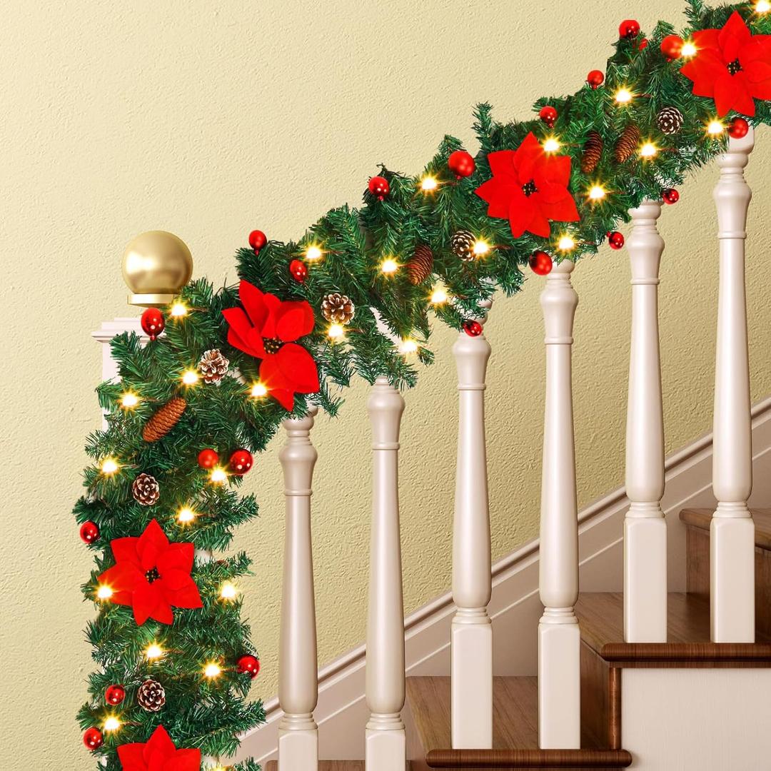 Hotop 4 Pack 9ft Prelit Outdoor Christmas Garland with Lights Bulk, 100 LED Battery Operated Artificial Garland with Vines Poinsettia Pinecones Christmas Balls for Stairs Porch Front Door(Green)