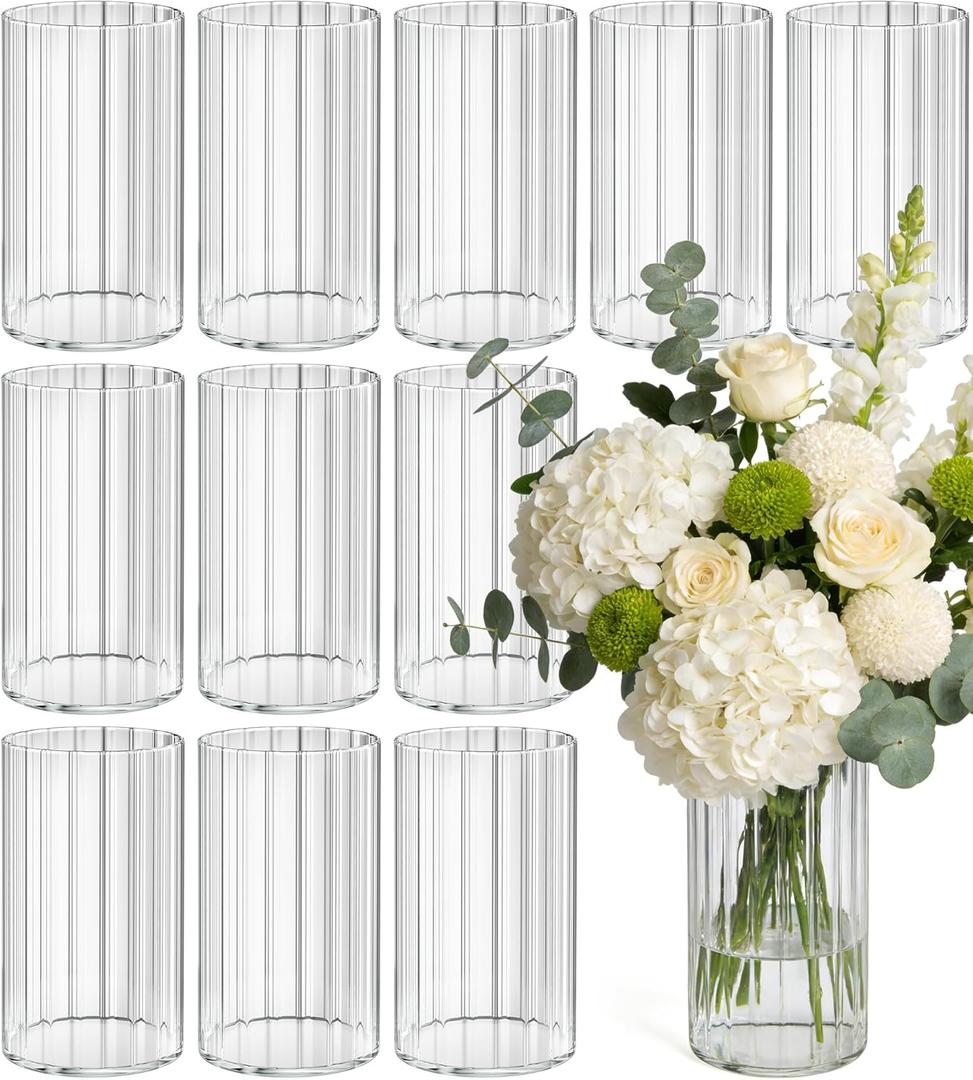 12pcs Stripe Glass Cylinder Vases for Centerpieces, 6 Inch Tall Flower Vase for Wedding Decorations, Hurricane Vases Floating Candle Holder for Table Centerpiece Wedding Home Dcor (Clear)