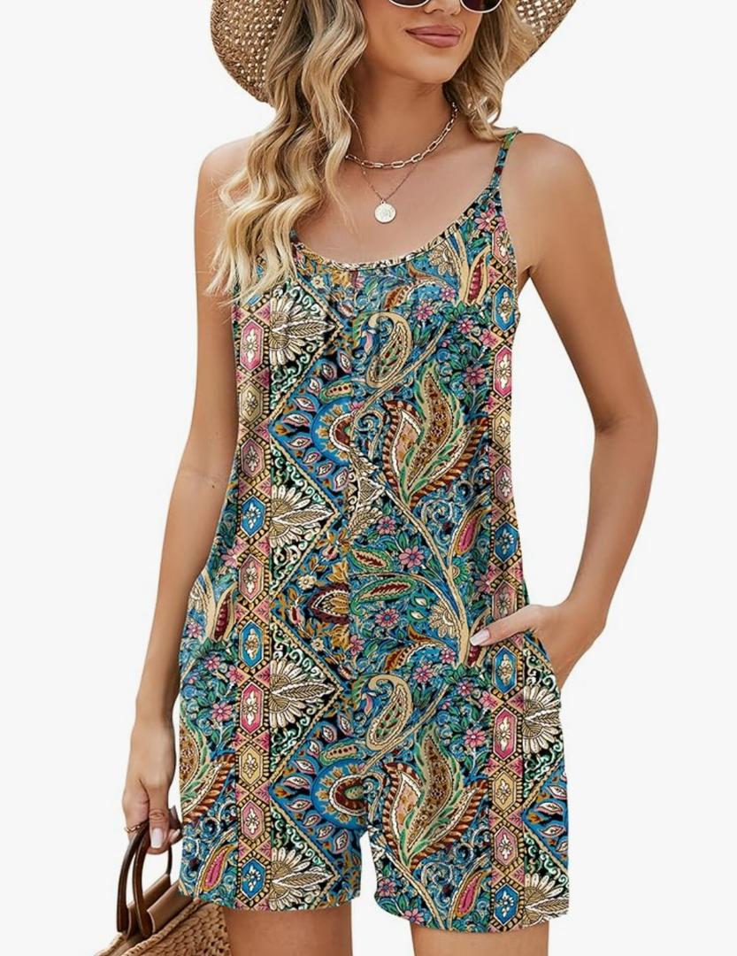 LOMON Womens Casual Summer Sleeveless Romper Loose Adjustable Spaghetti Strap Stretchy Shorts Jumpsuits with Pockets, S