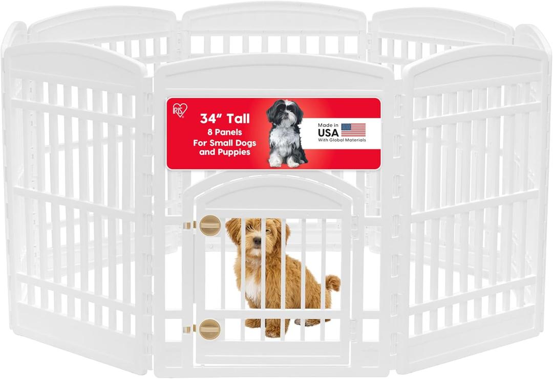 IRIS USA Dog Playpen with Door, 34 8 Panel Pet Exercise Pen Indoor Outdoor Puppy Play Pen, Portable Plastic Pet Fence for Small Medium Dogs, Foldable 63 x 63 x 34, White