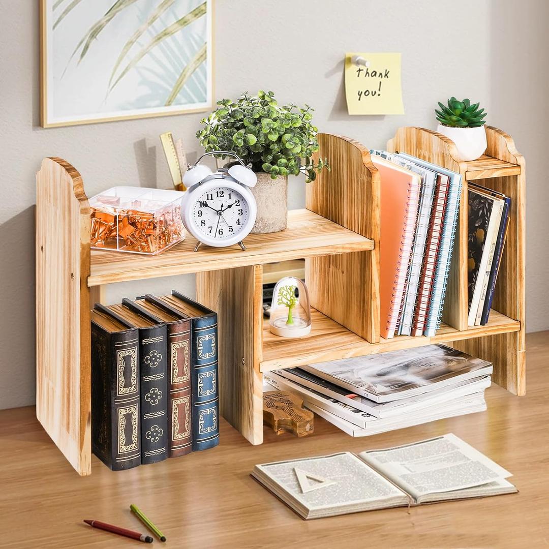 Adjustable Desktop Storage, Wood Display Bookshelf with 7 Compartments, Expandable Desk Shelf Hutch, Office Storage Rack for Desk Table Storage and Organization