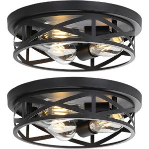 13 Inch Close to Ceiling Light Fixtures 2 Pack, 3-Lights Farmhouse Flush Mount Ceiling Light, Black Indoor Metal Cage Semi Flush Mount Ceiling Light for House Hallway Kitchen Bedroom
