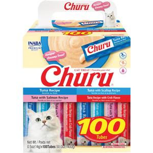 INABA Churu Cat Treats, Lickable, Squeezable Creamy Pure with Vitamin E, 0.5 Ounces per Tube, 100 Tubes Total, Tuna Variety, Best By: 0223.2027