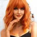 12 Inch Short Wavy Wig with Bangs Short Orange Bob Wigs for Women Wavy Bob Wig with Bangs Synthetic Natural Looking Heat Resistant Wigs