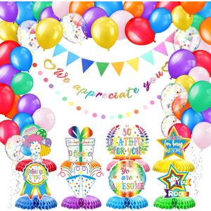 We Appreciate You Decorations Employee Appreciation Thank You Banner Triangle Flag Heart Banner 3D Table Honeycomb Centerpieces Balloons for Farewell Retirement Going Away Party(Multicolor)