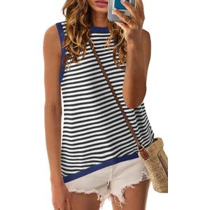 Nirovien Womens Striped Tank Tops Oversized Crewneck Sleeveless Shirts Casual Loose Fit Summer Tops (Small, Black)