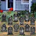 Xuhal 7 Pcs Halloween Decorations Outdoor Tombstone Yard Signs Skull Rip Tombstone Beware Warning Sign with 24 Pcs Lawn Stake Gravestone Headstone Yard Sign for Halloween Garden Decoration(Skull)