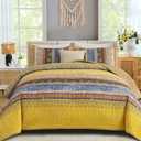 WONGS BEDDING Boho Quilt Set Queen Size, Bohemian Striped Bedspread Coverlet Set with 2 Pillow Shams, Yellow Quilt Bedding Set for Farmhouse Bedroom (Queen, 96"x90")