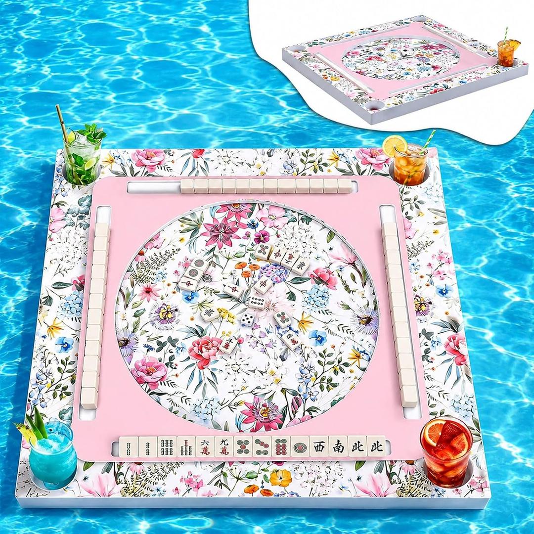 75 x 75 cm Floating Mahjong Table for Pool, EVA Water Game Board with Tile Slots and Drink Holder for Card, Dominoes, Poker, Adult, Summer and Beach Party(Bloom), 29.5 x 29.5 inches