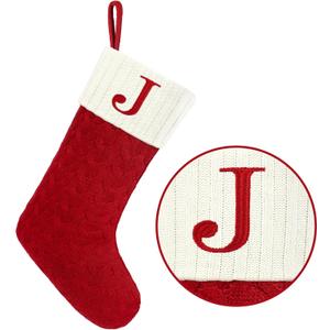 Christmas Stockings with Initials,20 Inches Large Knit Embroidered Letter Red White Christmas Stocking,Monogram Christmas Stocking for Famliy Holiday and Xmas Tree Fireplace (Letter J)
