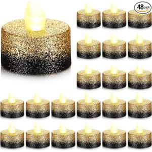 Retisee 48 Pcs Flameless LED Tea Lights Gold Black Glitter Electric Fake Candles for Centerpieces Battery Operated Anniversary Decorations Romantic Winter Decor for Wedding Festival Christmas Birthday, Gold