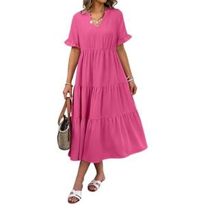 Theenkoln Womens Casual Midi Dress: Short Sleeve V-Neck Empire Waist Gingham Spring Fashion Long Trendy Tiered Formal Dresses, Small, Hot Pink 