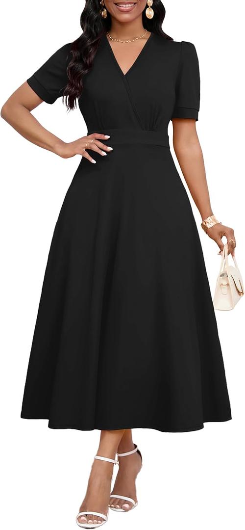 MarryUP Women's Midi Dresses - V Neck Cocktail & Church Tea Dresses - Short Sleeve A-Line Swing Dress (Black, XXL)