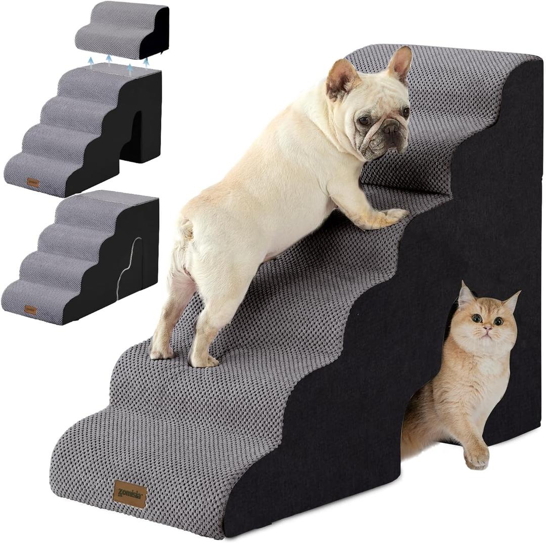 Dog Ramp for High Beds - 29" H 6 Steps Pet Stairs for Large Dogs with Tunnel 2 in 1 with Zippers Suitable, Indoor Cat Ladders with Non-Slip Bottom, Black