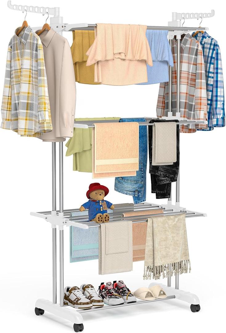 Bigzzia 4 Tier Folding Drying Rack Clothing Clothes Horses Rack Stainless Steel Laundry Drying Rack (Grey White, 4 Tier)