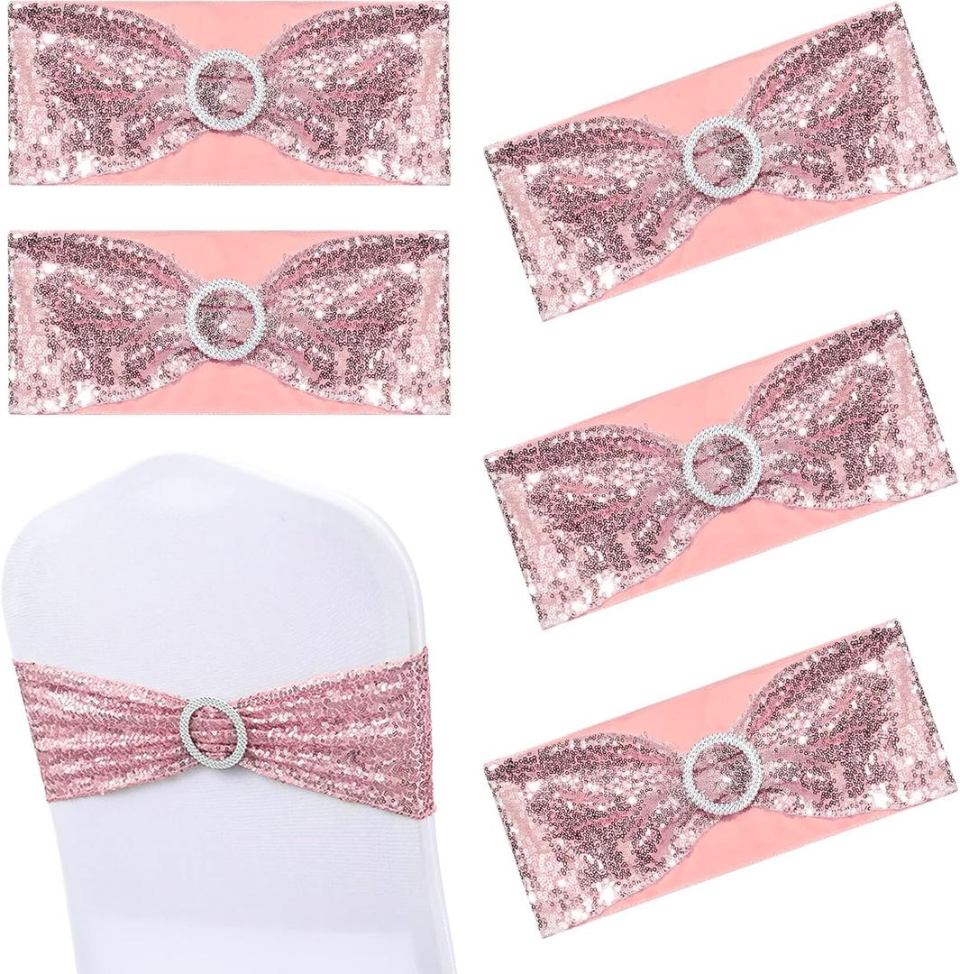 ISKYBOB Set of 12 Sequin Chair Sashes, Spandex Stretchy Chair Covers Glitter Chair Band with Buckle Decorative Bows Ties for Wedding Party Supplies, Rose Gold
