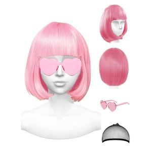 Pink Wig and Party Sunglasses, Bob Wig with Bangs Light Pink Wigs for Women, Cosplay Party Wigs - Bachelorette Decorations Favors (Pink)