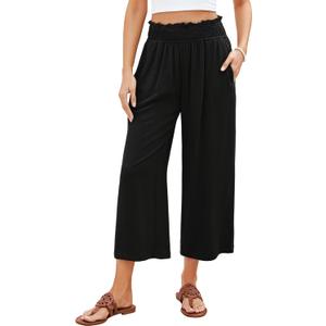 GRAPENT Capri Pants for Women High Waisted Wide Leg Linen Palazzo Trousers Pull On Elastic Smock Waist Loose Flowy Pants (X-Large, Black)