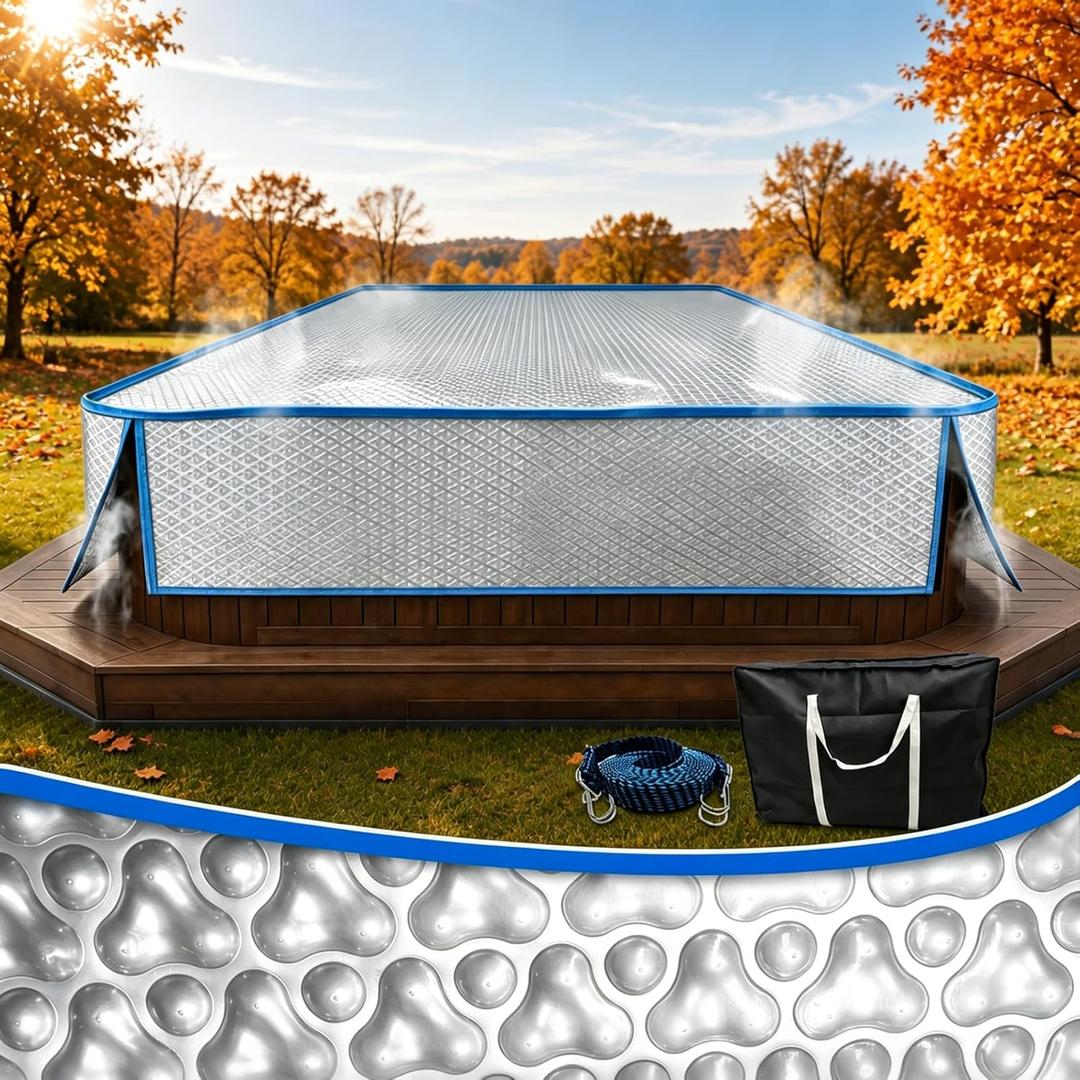 Hot Tub Cover 84.5 x 84.5 x 22 in, Thermal Bubble PE Sheet Solar Spa Cover with Wind Straps & Side-Drop Wrap for 84/83/82 in Square Outdoor Spa, Silver Gray