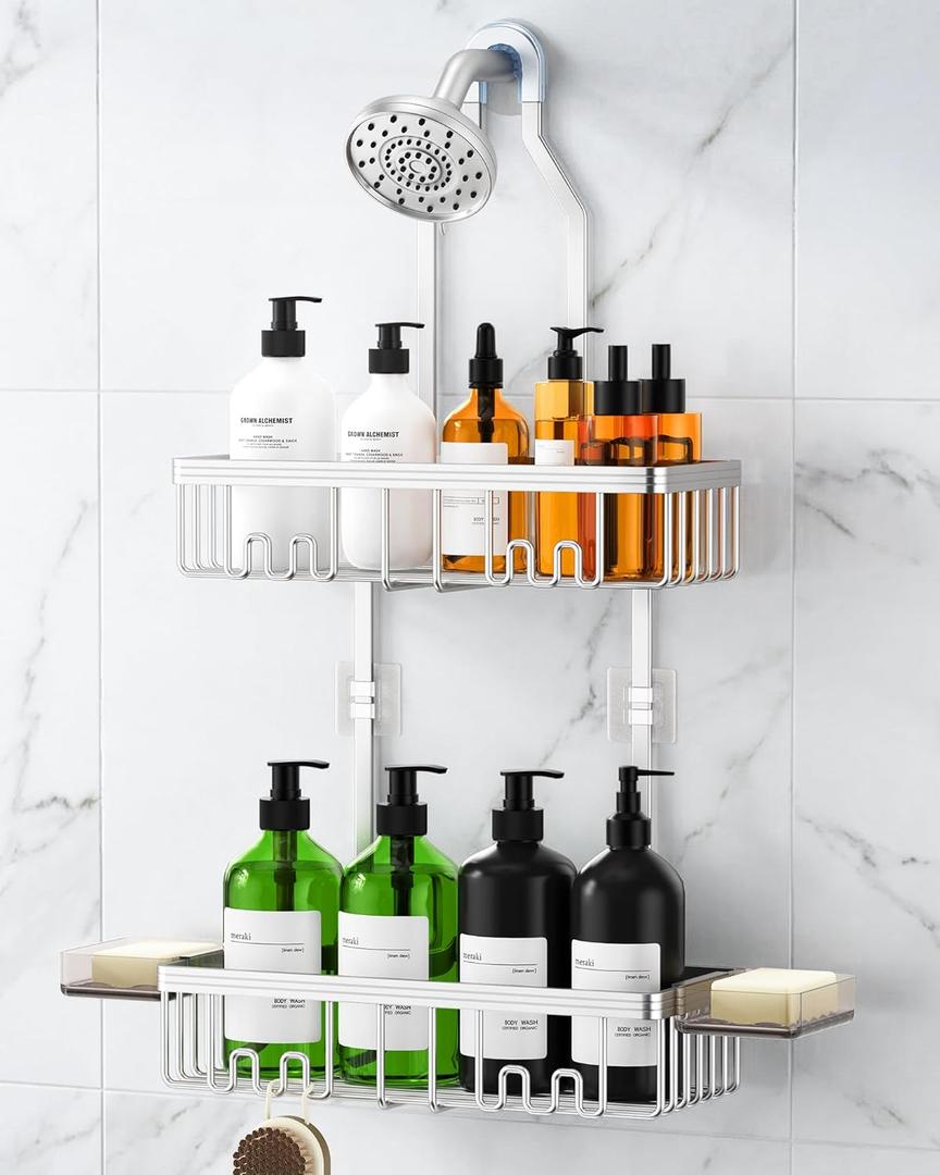 Shower Caddy Hanging, Shower Organizer Hanging, Aluminum Shower Racks for Inside Shower with Hooks for Razor, Never Rust Bathroom Organizers and Storage with Soap Holder, Bright Silver
