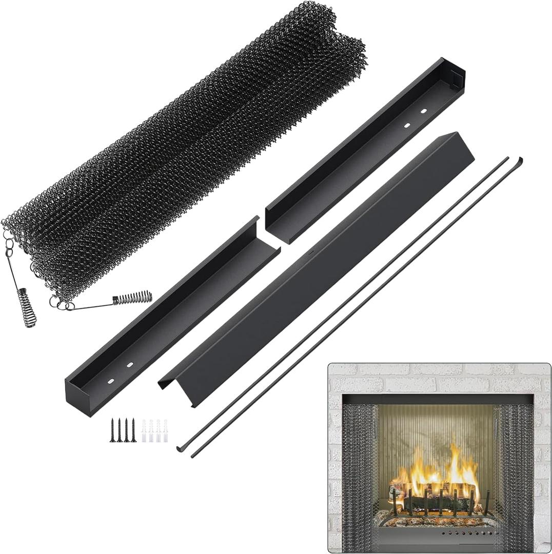 Fireplace Screen Mesh Curtain Two 24" Wide 20" High Panels (Black) and Adjustable Rod and Valance Kit for Fireplace Mesh