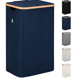 LONBET Laundry Basket with Lid, Made from Breathable Fabric | Aesthetic Clothes Hampers for Laundry with Side Handles & Sturdy Bamboo Frame (26 Gallons - Single, Blue)