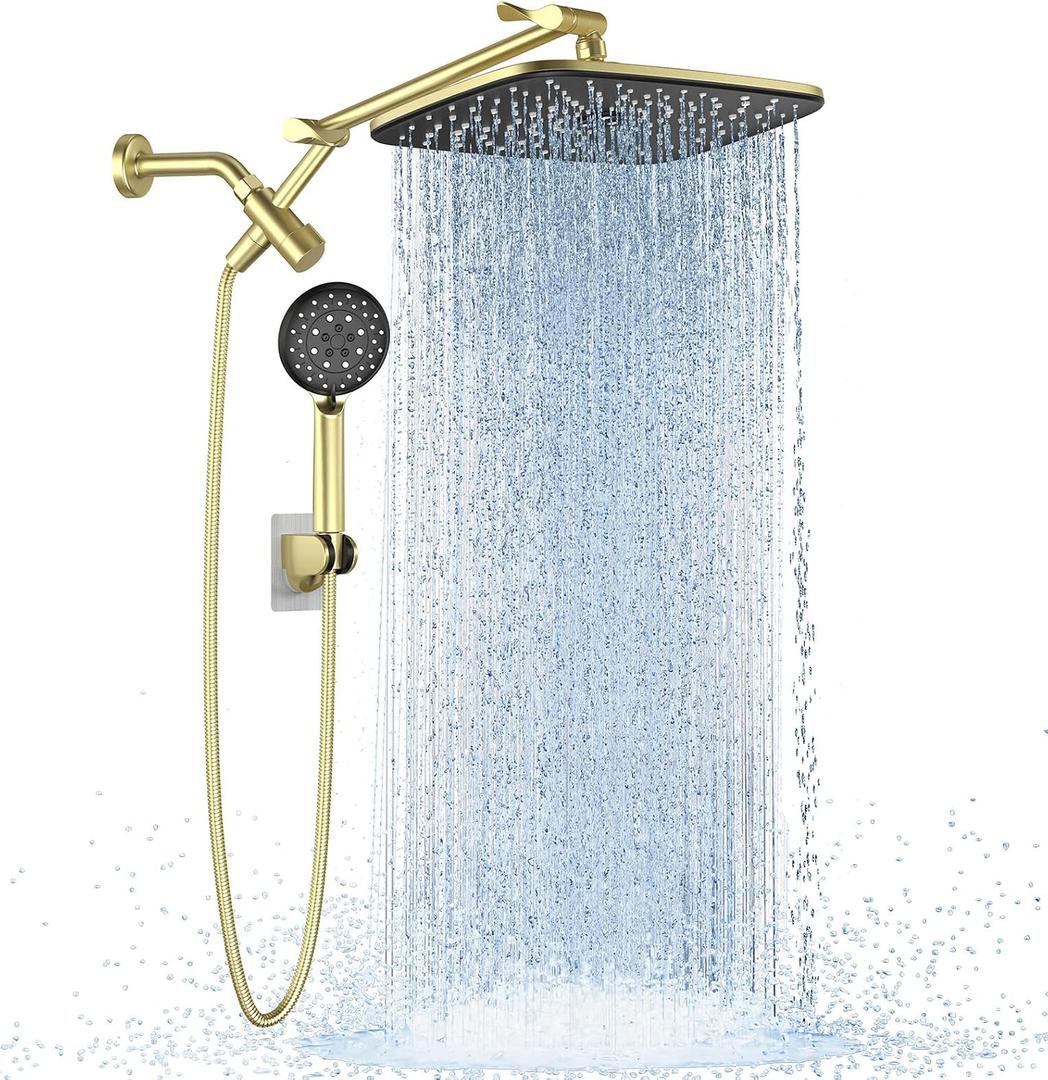 Veken 11.8" Rain Shower Head with Handheld, High Pressure Handheld Shower with Multi Spray Modes, Rainfall Combo with Metal Extension Arm, Detachable Dual Showerhead, Bathroom Decor, Gold