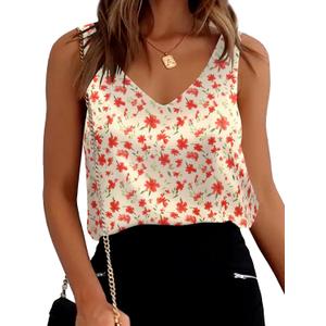 Ekouaer Womens Silk Satin Tank Tops V Neck Casual Cami Sleeveless Camisole Blouses Summer Basic Tank Shirt (Medium, Red Flower)