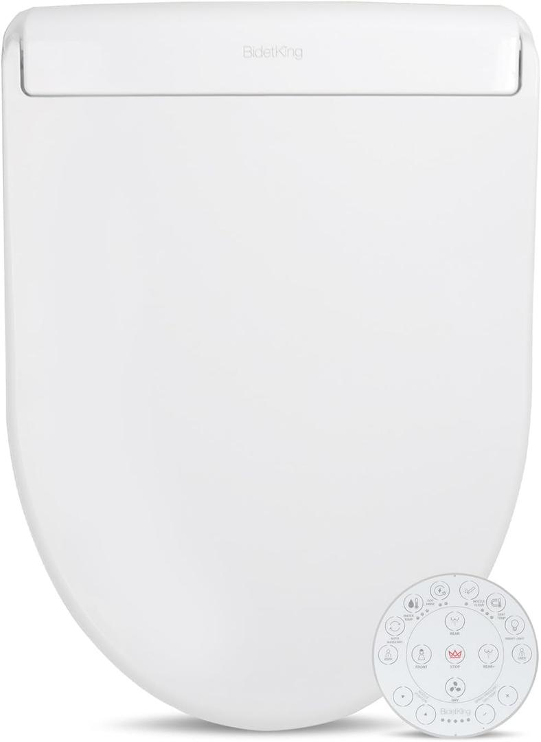 BidetKing Crown Elongated Bidet Toilet Seat, Endless Warm Water, Strong Spray, Backlit Remote, Multi-color LED, Ultra Slim, Stainless Steel Nozzle, Sittable Lid