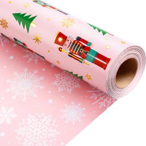 Retrify Nutcracker Christmas Wrapping Paper Roll, 17 Inches x 32.8 Feet Pink Gift Wrap for New Year Holiday, Christmas Tree/Snowflake/Star Design