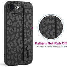 Aesthetic Cheetah Print Wrist Strap Phone Case for iPhone 16e 6.1" Black Cheetah Print Design Wristband Kickstand Cover for Boys Girls, Hand Holder Kickstand Soft Silicone Cases for iPhone 16e