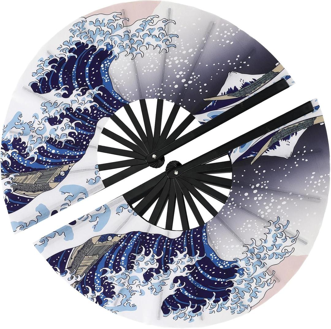 Maitys 2 Pack Large Folding Rave Fans for Women Men, Nylon Hand Fans Loud Snap Sound Foldable Fan for Line Dancing Stage Performance Chinese Kung Fu Festival Dance Decor(Wave Blue,Wave Pattern)