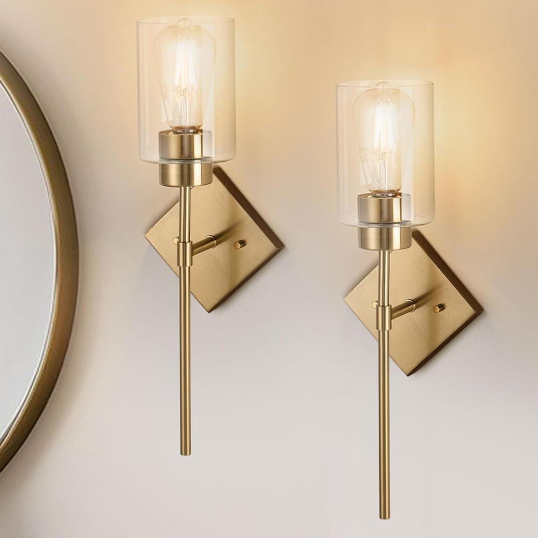Wall Sconces Set of 2, Gold Bathroom Light Fixtures,Sconces Wall Lighting Indoors with Clear Glass Shade for Hallway Farmhouse Living Room