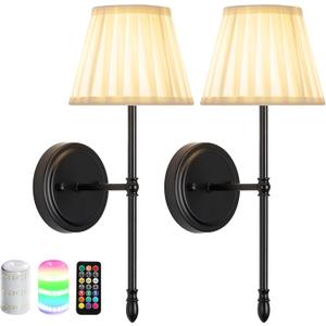 Battery Operated Wall Sconces Set of 2Wireless Black Wall Lights with 10000mAh Dimmable Led Bulds and Remote, Rechargeable Fabric Wall Mounted Lamp for Bedroom, Living Room, Hallway