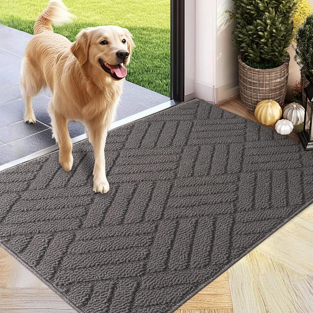 PLEASOR Door Mat for Front Door Entrance, Dirt Trapper Washable Welcome Mat Outdoor Indoor, Non-Slip Waterproof Doormat for Outside/Inside Use, Low Profile Entryway Rug, 24"x36", Grey