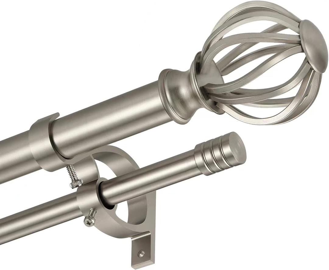 Double Curtain Rods for Window 36-72", Brushed Nickel Double Curtain Rods with Round Cage & Barrel Finials, Adjustable Double Rod Curtain Rod, 1-Inch Front and 5/8 Inch Back Double Drapery Rod