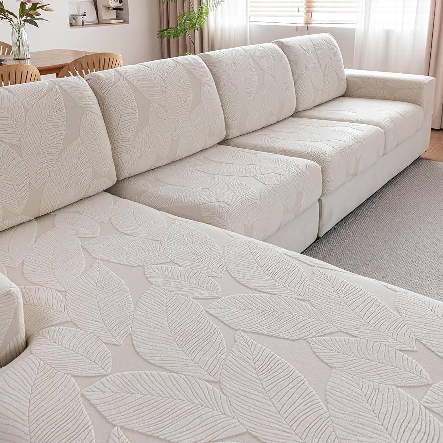 Couch Cushion Covers, Super Stretch Washable Sofa Slipcovers for L Shaped & Modular Seats, Pet-Friendly Furniture Protector with Stripe Design, (1PC Back Cover, Ivory) (Ivory / Leaves Pattern)
