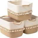 TeoKJ Woven Storage Bin Set of 3, Cotton Rope Basket for Storage, Clothes Boho Basket Bin for Organizing, Fabric Basket for Books, Plants, Pet Treats, White & Jute