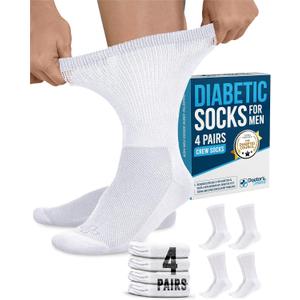 Doctor's SelectÂ® Diabetic Socks for Men - 4 Pairs Crew White Diabetic Socks for Men Size 13-15 | Non-Binding Stretch Top for Neuropathy Wht-4P