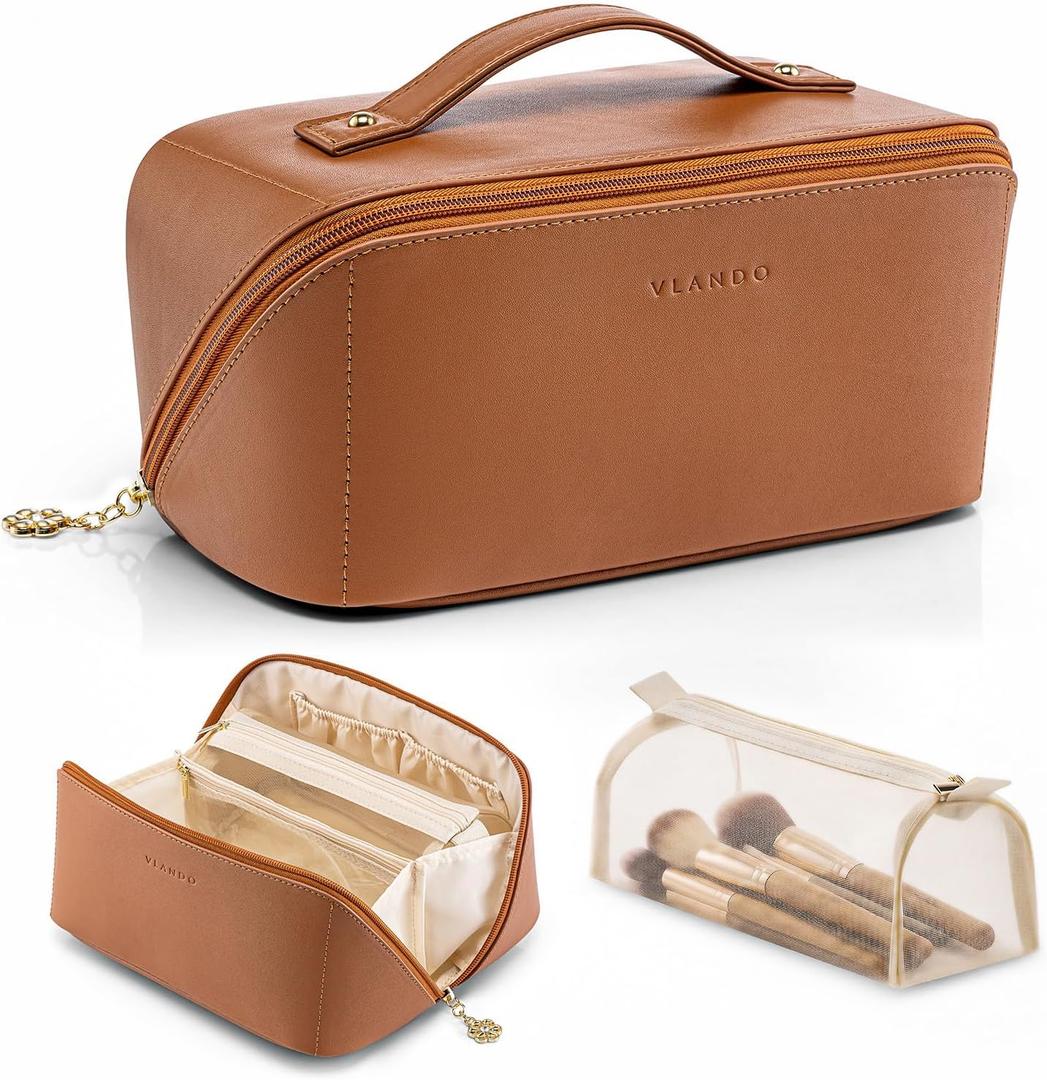 VLANDO Makeup Bag,Travel Toiletry Bag,Cosmetic Bag for Women PU Leather Portable Make up Bag for Skincare, Brushes & Travel Essentials-Brown