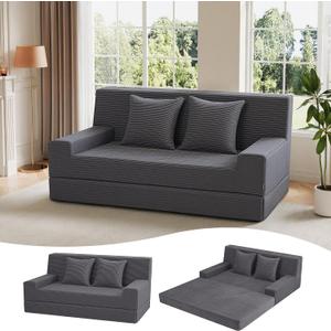 MeMoreCool Folding Futon Couch Queen Boneless Corduroy Sofa Bed, Convertible Foam Floor Lounger with Pillow & Washable Cover, Foldable Sleeper for Living Room, Bedroom, Guest Space