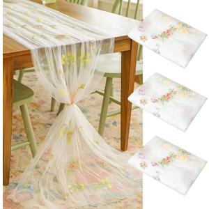Lounsweer 3 Pcs Wildflower Table Runner 10ft/ 29 Inch x 120 Inch White Embroidery Wildflower Spring Summer Tulle Lace Runner for Table Wedding Bridal Baby Shower Holiday Dining Decor DIY