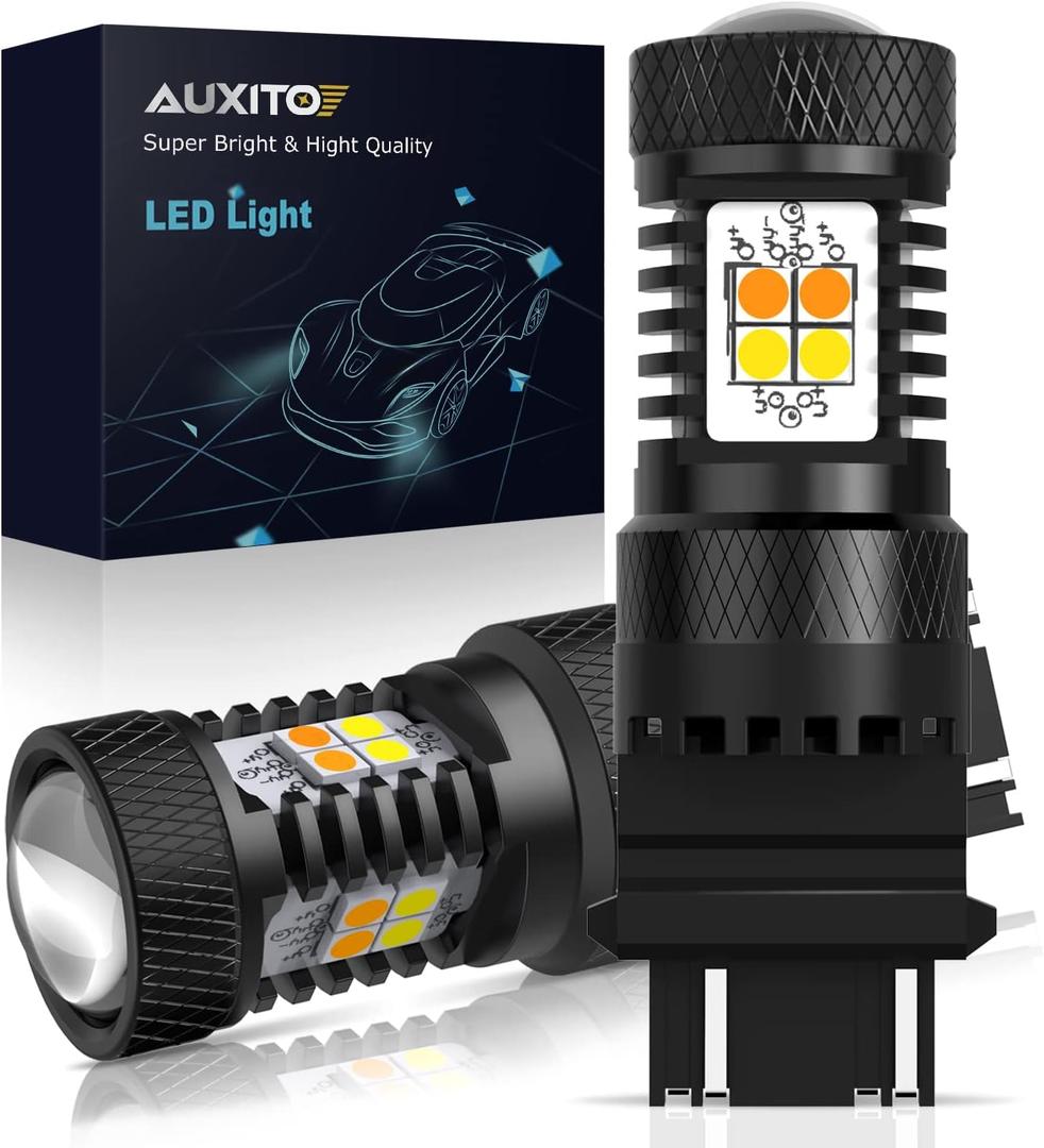 AUXITO White and Amber Dual Color Switchback 3157 3155 3457 4157 LED Bulbs with Projector 3030 Chipsets for Car Turn Signal Lights Parking Lights, (Pack of 2)