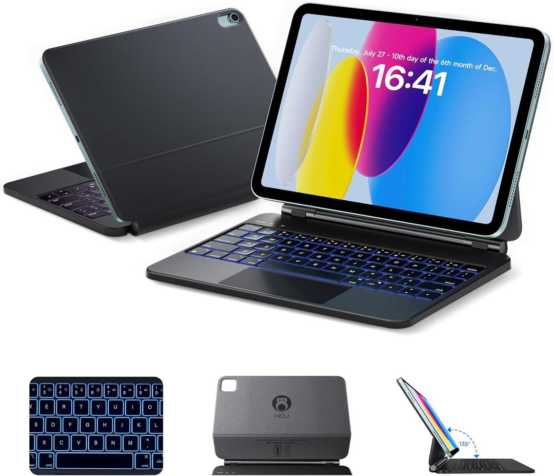 HOU Magnetic Keyboard Case for iPad 11 (A16)/10, 135 Wider Adjustable Tilt, Smooth AG-Glass Touchpad, 12 Shortcut Key Combinations, 7-Color Backlight, Deeper 1.3mm Key Travel, Bluetooth, Black